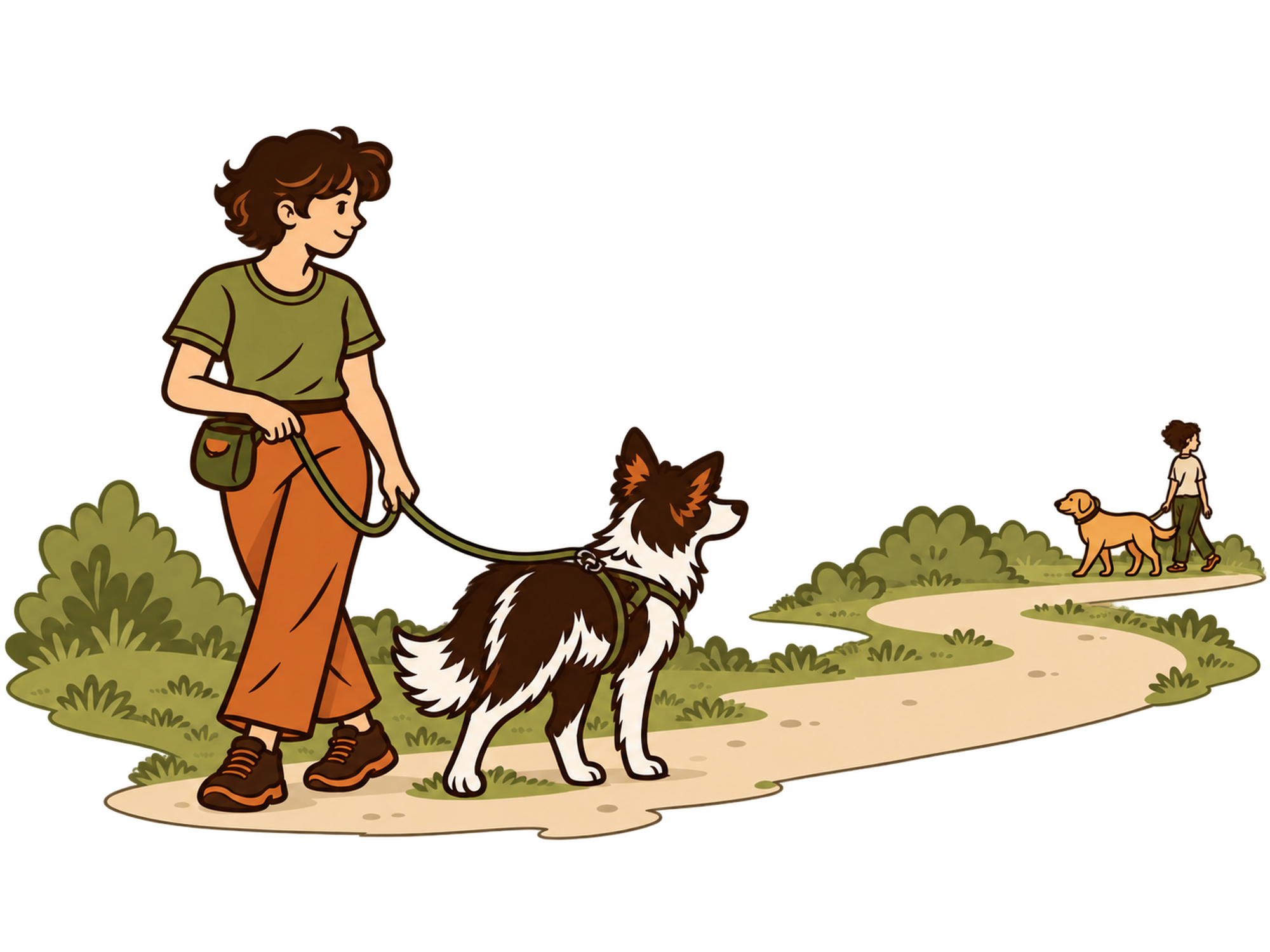 A handler and dog calmly observing another dog at a comfortable distance.