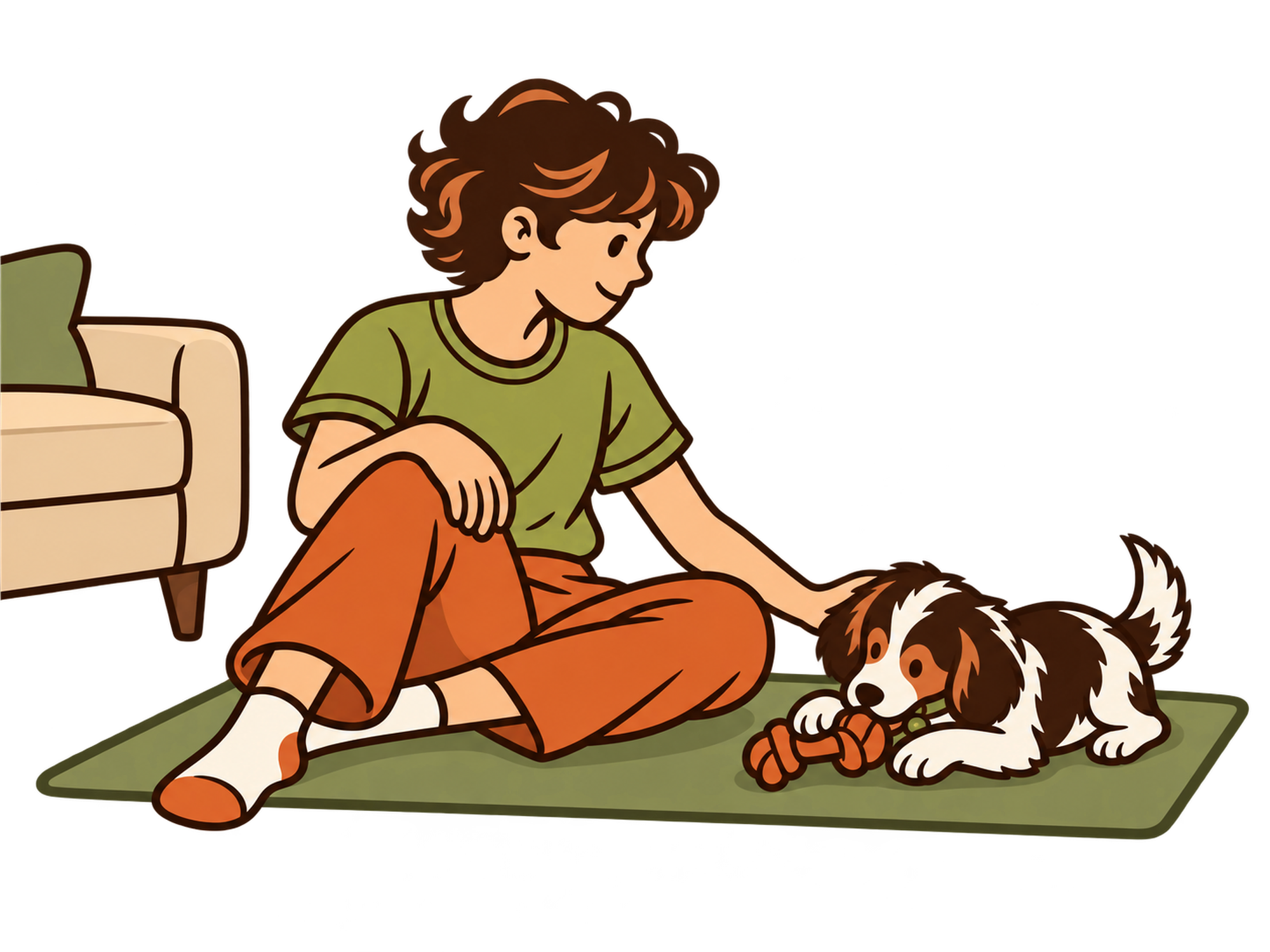 A puppy calmly chewing beside its person during an everyday training moment.
