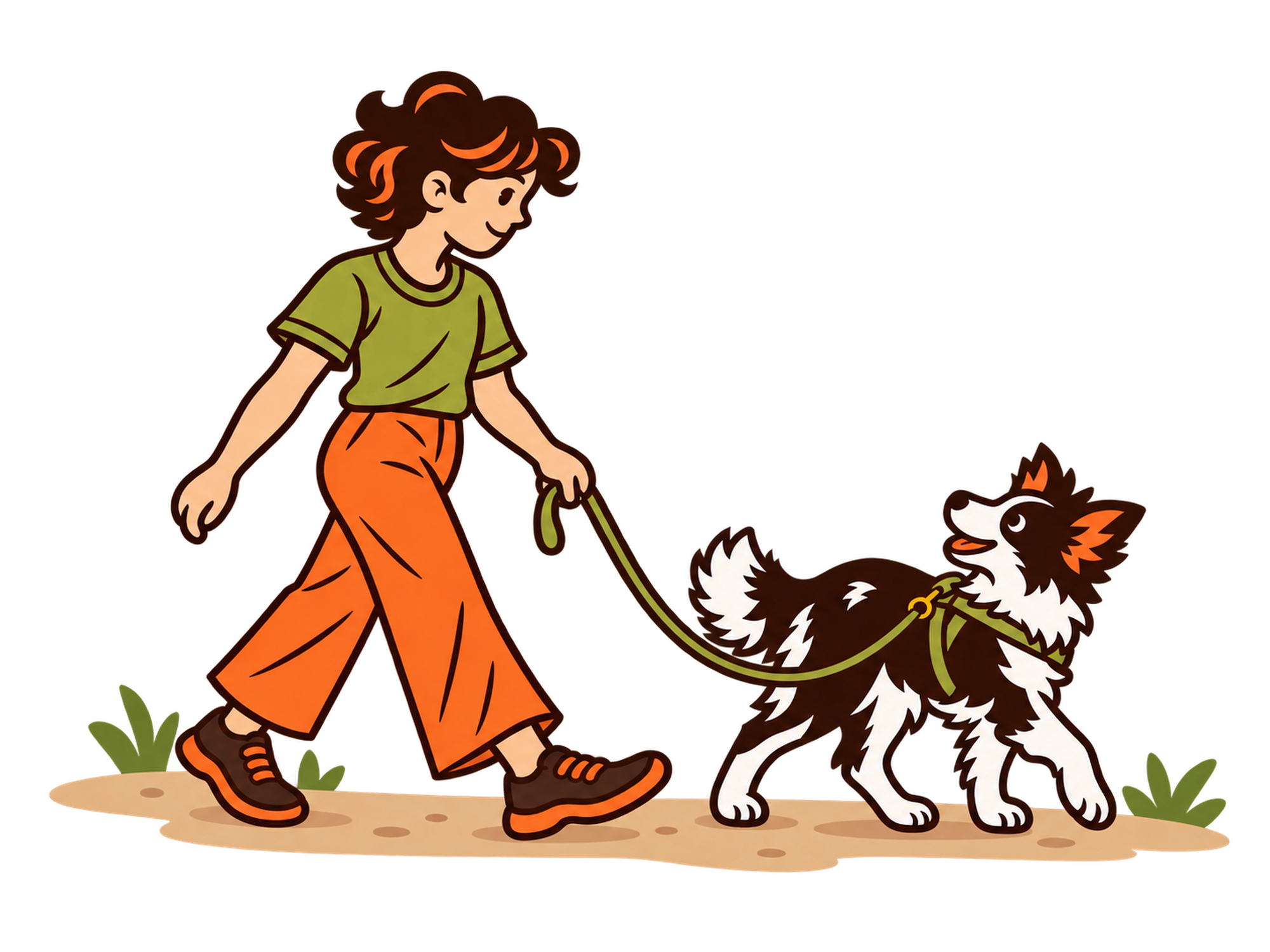 A dog checking in with its handler on a relaxed walk with a visibly slack lead.